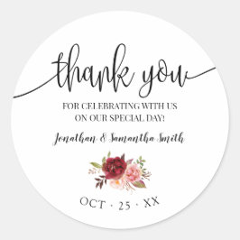 Dank u Marsala Bloemen Bruiloft Land Chic Ronde Sticker