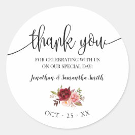 Dank u Marsala Bloemen Bruiloft Land Chic Ronde Sticker