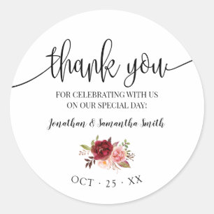 Dank u Marsala Bloemen Bruiloft Land Chic Ronde Sticker