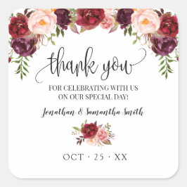Dank u marsala bloemenboho chique bruiloft vierkante sticker