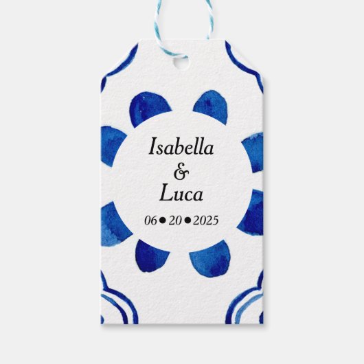 Dank u Mediterraans Blauw Bloemen Tegel Cadeaulabel (Voorkant)