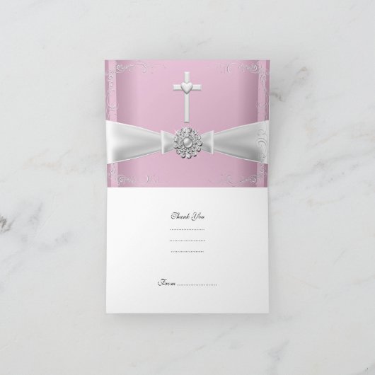 Dank u Meisje Eerste Heilige Communie roze Wit Bedankkaart (Binnen)