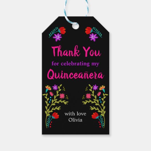 Dank u Mexicaanse Fiesta Bloemen Zwart Quinceanera Cadeaulabel (Voorkant)