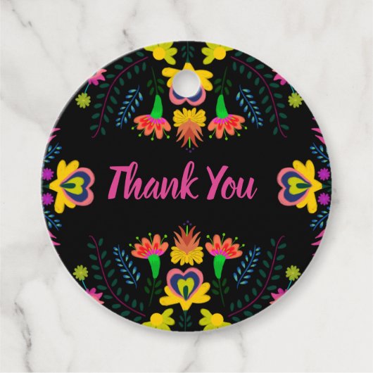 Dank u Mexicaanse Fiesta Party Bloemen Zwart Bedankjes Labels (Voorkant)