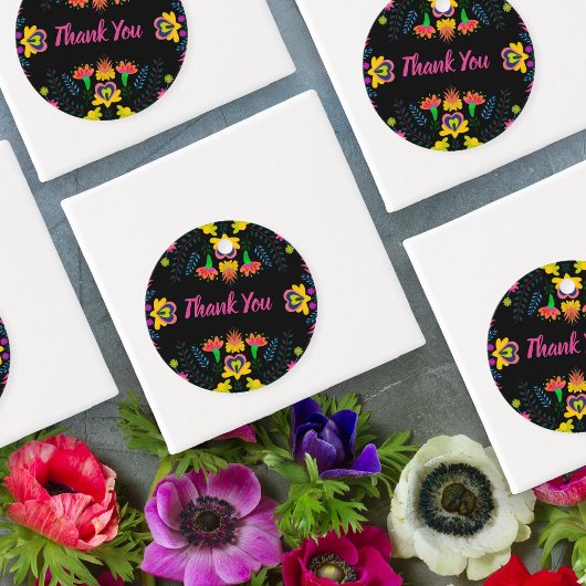 Dank u Mexicaanse Fiesta Party Bloemen Zwart Bedankjes Labels