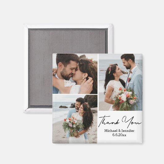 Dank u, minimaal 3 foto's collage bruiloft magneet (Voorkant / Achterkant)