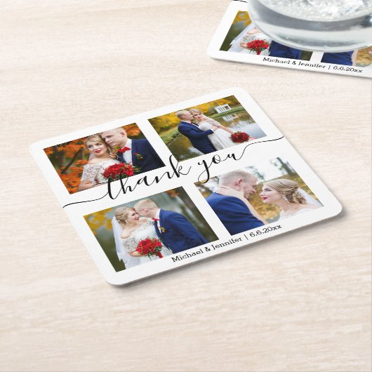 Dank u, minimaal 4 foto's collage bruiloft chique kartonnen onderzetters (Schuin)