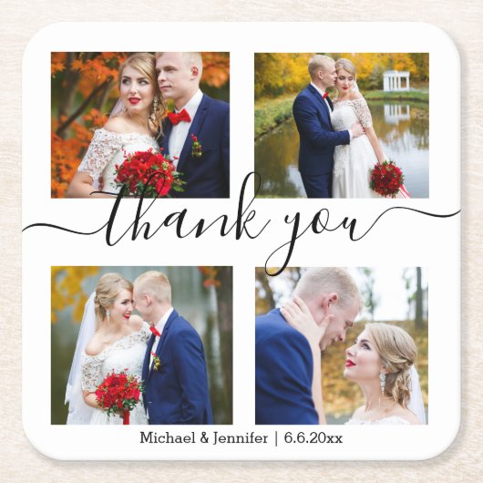 Dank u, minimaal 4 foto's collage bruiloft chique kartonnen onderzetters (Voorkant)