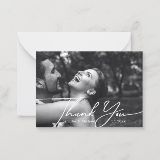 Dank u minimale bruiloft foto zwart-wit notitiekaartje (Voorkant)