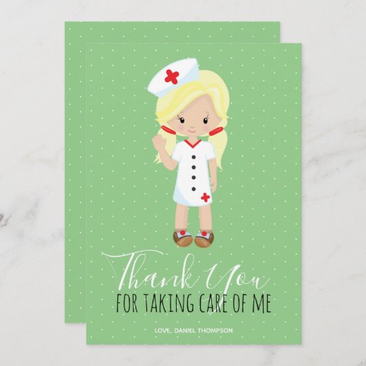 Dank u Mint Green Script Blonde Cartoon Nurse Bedankkaart (Voorkant / Achterkant)