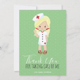 Dank u Mint Green Script Blonde Cartoon Nurse Bedankkaart