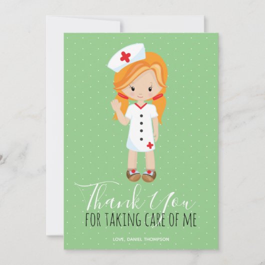Dank u Mint Green Script Ginger Cartoon Nurse Bedankkaart (Voorkant)