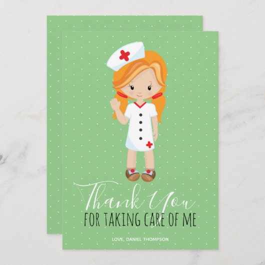 Dank u Mint Green Script Ginger Cartoon Nurse Bedankkaart (Voorkant / Achterkant)