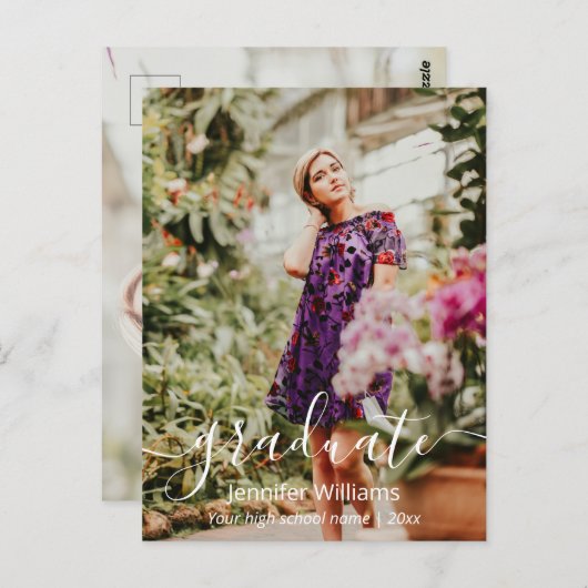 dank u modern handschrift 2 foto ' s afstuderen briefkaart (Voorkant / Achterkant)