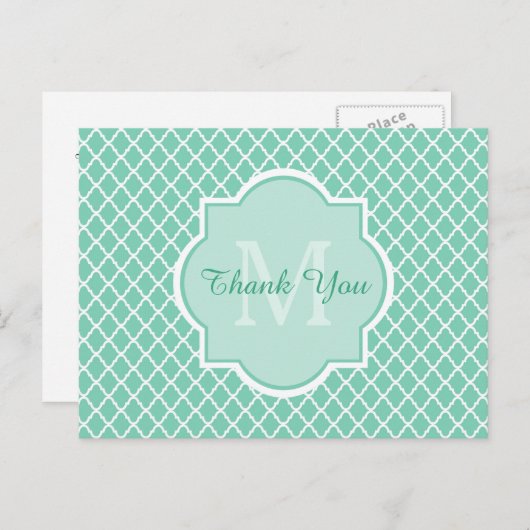 Dank u Modern Monogram Mint White Quatrefoil Briefkaart (Voorkant / Achterkant)