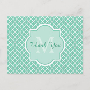 Dank u Modern Monogram Mint White Quatrefoil Briefkaart