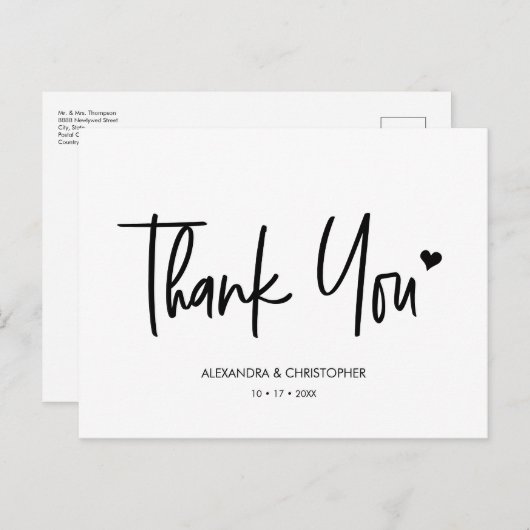 Dank u Modern Script Black en White Wedding Briefkaart (Voorkant / Achterkant)