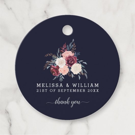 Dank u moderne Bourgondische Floral bruiloft marin Bedankjes Labels (Voorkant)