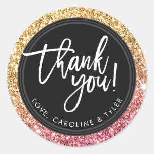 DANK U moderne hand geletterd goud roze glitter Ronde Sticker