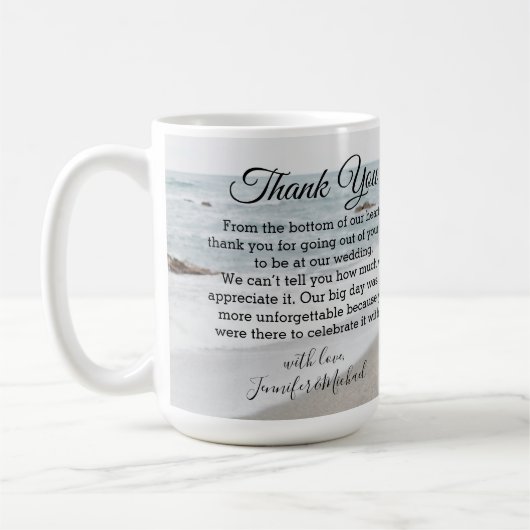 Dank u moderne kalligrafie trouwdag foto koffiemok (Links)