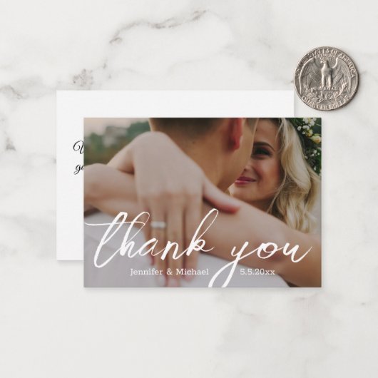 dank u moderne witte handschrift bruiloft foto notitiekaartje (Voorkant / Achterkant in situ)