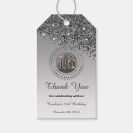 Dank u, moderne zwarte glitter Sweet 16 Cadeaulabel