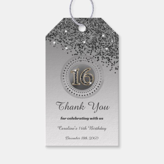 Dank u, moderne zwarte glitter Sweet 16 Cadeaulabel (Voorkant)