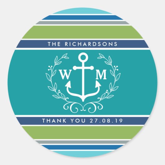 Dank u Monogram Anker Laurel kransstrepen Ronde Sticker (Voorkant)
