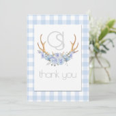 Dank u - Monogram Blue Gingham Floral BOHO Bedankkaart (Staand voorkant)