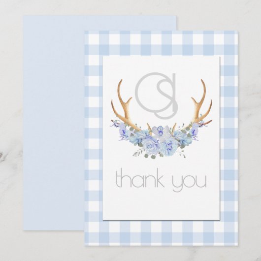 Dank u - Monogram Blue Gingham Floral BOHO Bedankkaart (Voorkant / Achterkant)