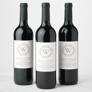 Dank u Monogram Bruiloft Ivoor Koper Blush Wijn Etiket
