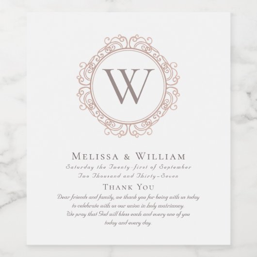 Dank u Monogram Bruiloft Ivoor Koper Blush Wijn Etiket (Enkel label)