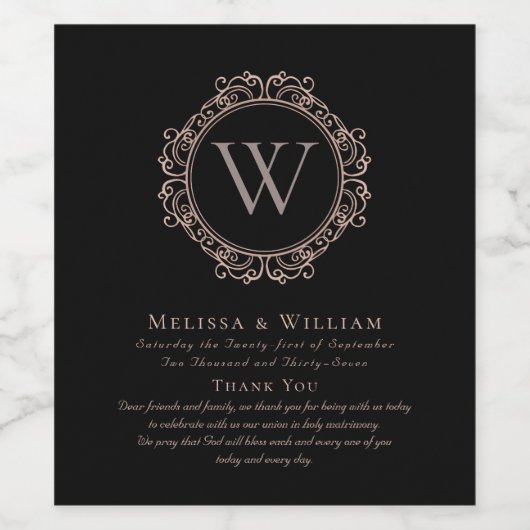 Dank u Monogram Bruiloft Zwart Koper Blush Wijn Etiket (Enkel label)