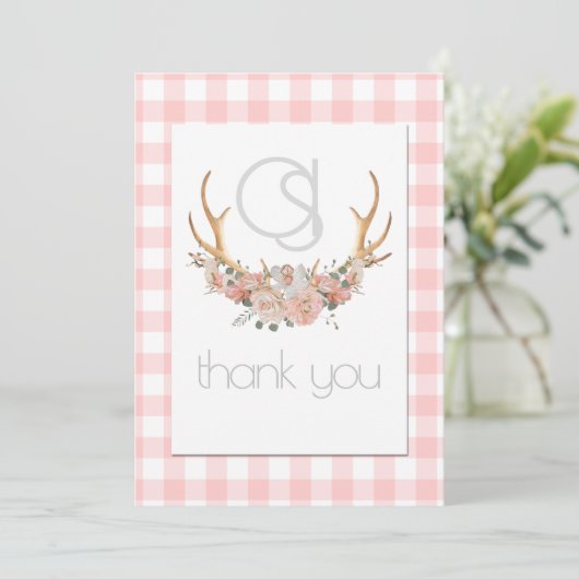 Dank u - Monogram Coral Gingham Floral BOHO Bedankkaart (Staand voorkant)