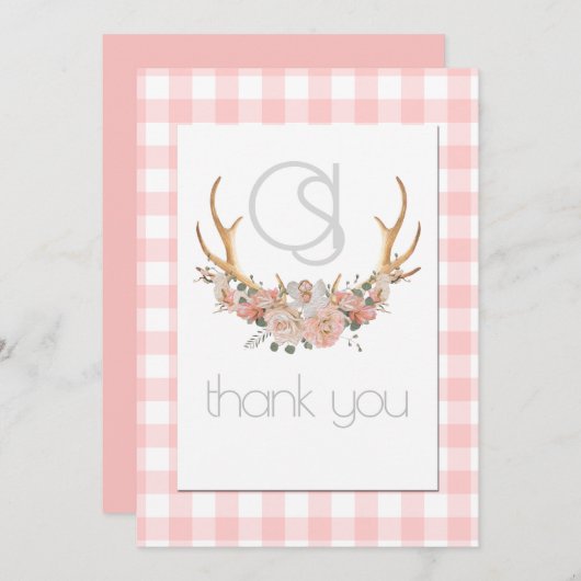 Dank u - Monogram Coral Gingham Floral BOHO Bedankkaart (Voorkant / Achterkant)