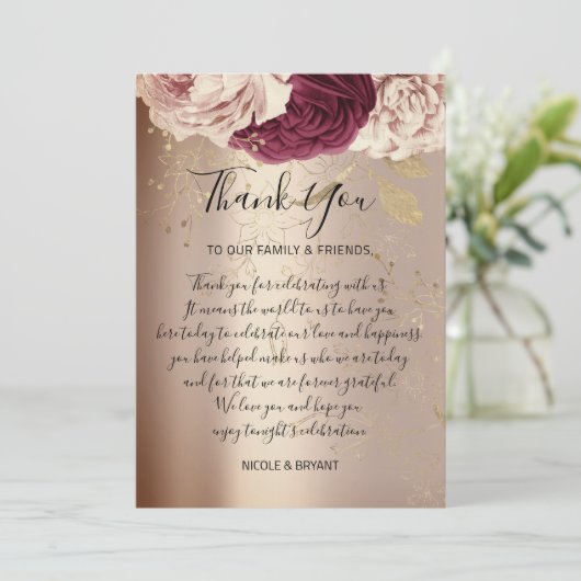 Dank U Monogram Roze Bloemen Marsala Roos Goud Kaart (Staand voorkant)