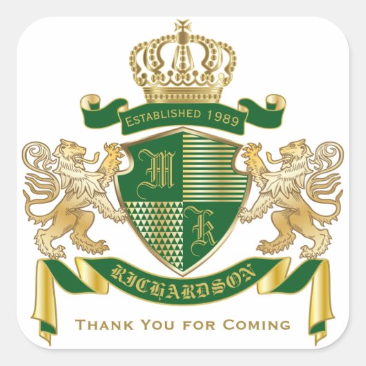 Dank U Monogram Wapen Groen Goud Leeuw Vierkante Sticker (Voorkant)