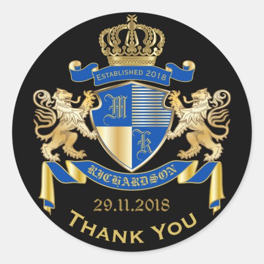 Dank u Monogram Wapenschild Goud Blauw Embleem Ronde Sticker (Voorkant)