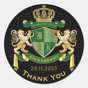 Dank u Monogram Wapenschild Groen Goud Griffin Ronde Sticker