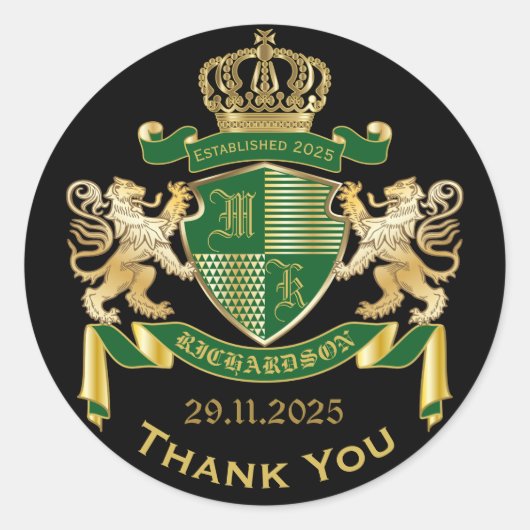 Dank U Monogram Wapenschild Groen Goud Griffioen Ronde Sticker (Voorkant)
