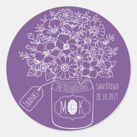 Dank u Monogram Wildflower Boeket Mason Jar Ronde Sticker (Voorkant)