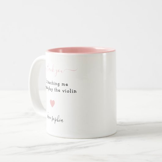 Dank u muziek leraar waardering Eenvoudig hart Tweekleurige Koffiemok (Voorkant links)