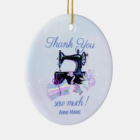 Dank u Naaimachine  Blauw Keramisch Ornament (Rechts)