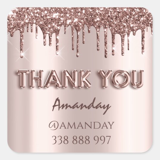 dank u Naam adres Glitter Drips Roos Vierkante Sticker (Voorkant)