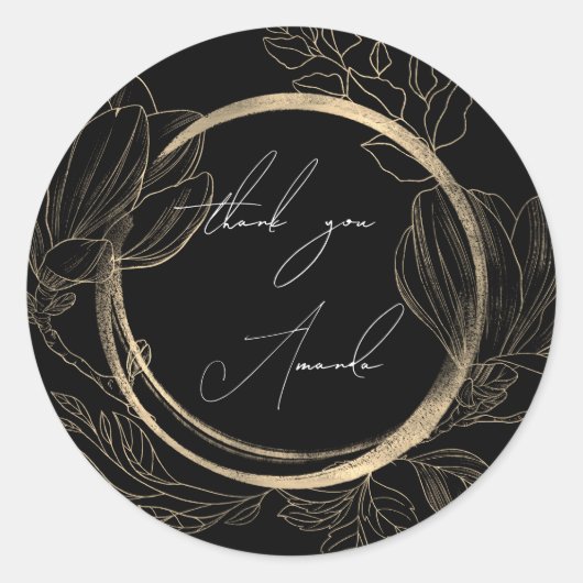 Dank U Naam Bloemen Zwart Wit Goud Ronde Sticker (Voorkant)