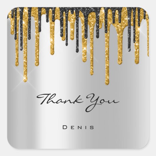 Dank u naam bruiloft zilver grijs goud druppels vierkante sticker (Voorkant)