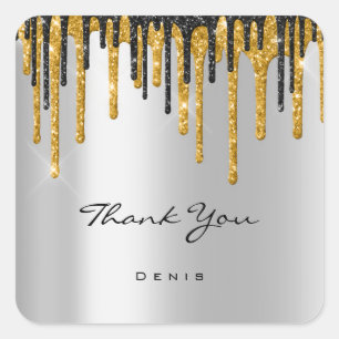 Dank u naam bruiloft zilver grijs goud druppels vierkante sticker
