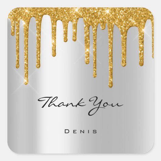 Dank u naam bruiloft zilver grijs goud druppels vierkante sticker (Voorkant)