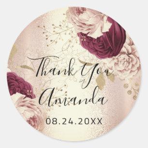 Dank U Naam  Roze Goud  Bloemen Marsala Ronde Sticker