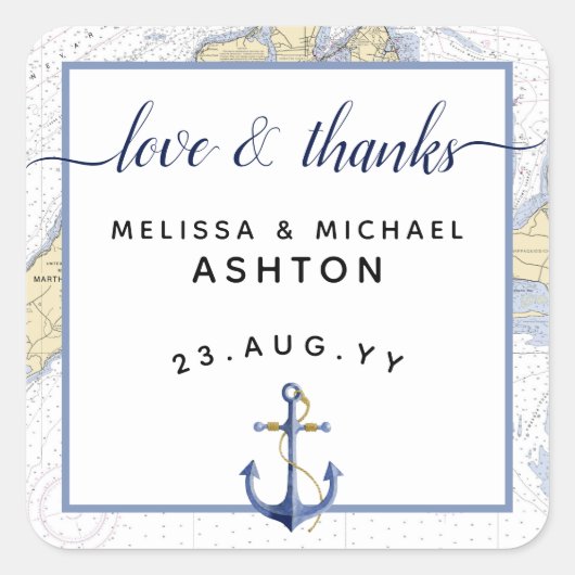 Dank u nautische kaart anker bruiloft / evenement vierkante sticker (Voorkant)